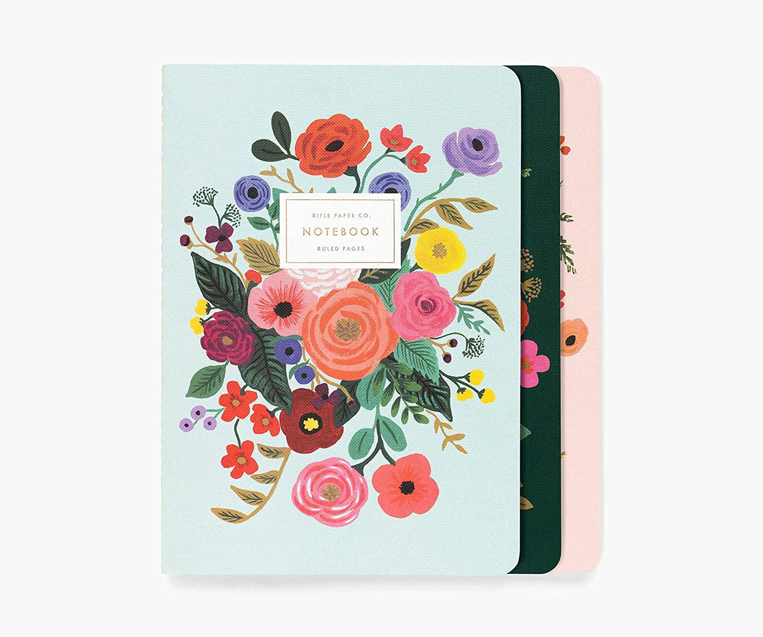 RIFLE PAPER CO. Garden Party Stitched Notebook Set, Set Of 3 Notebooks, 64 Ruled Pages With Gold Ink, Canvas Paper Cover With White Text Paper Interior