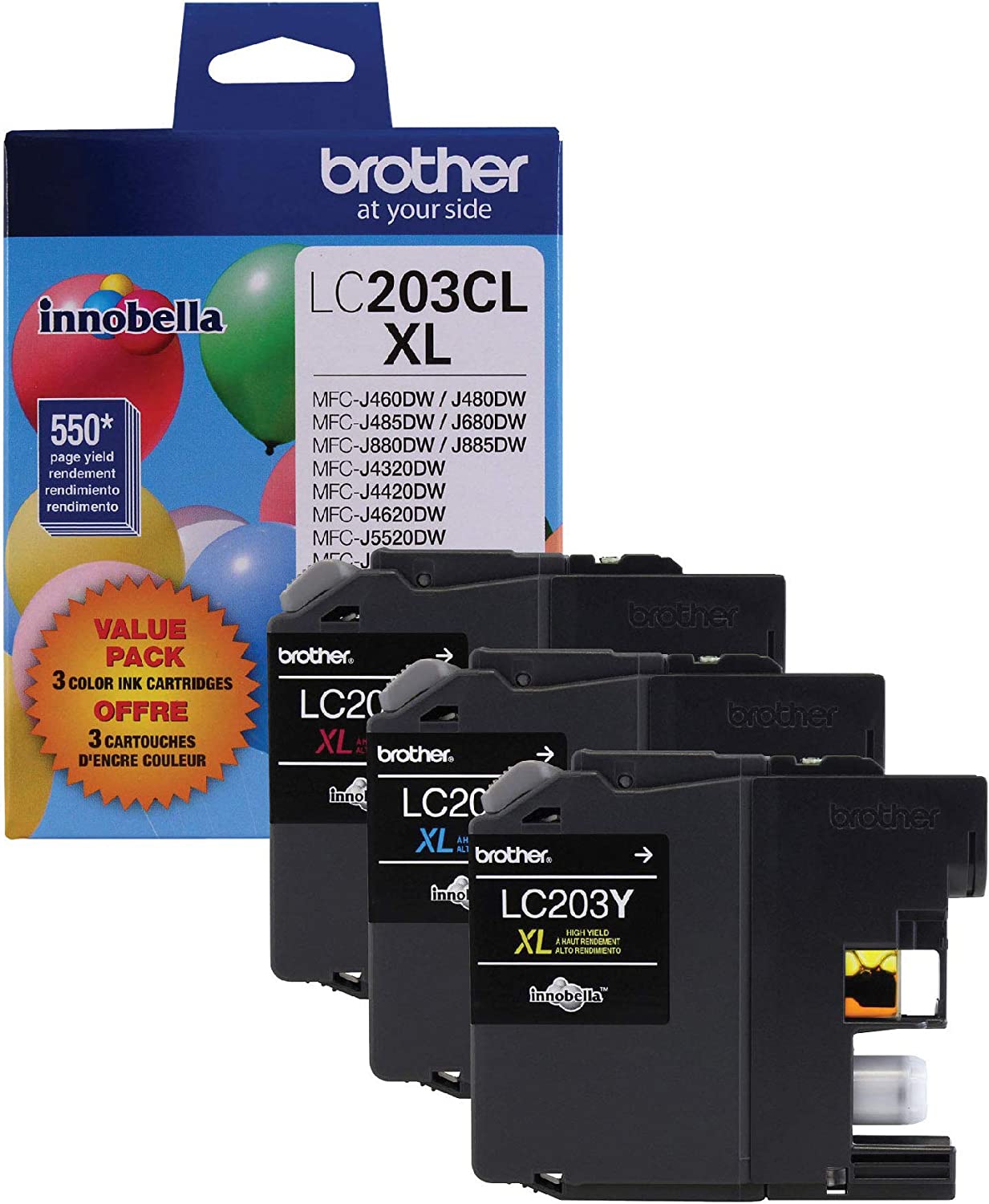 Brother Genuine High Yield Color Ink Cartridge, LC2033PKS, Replacement Color Ink Three Pack, Includes 1 Cartridge Each of Cyan, Magenta & Yellow, Page Yield Up To 550 Pages, Amazon Dash Replenishment 