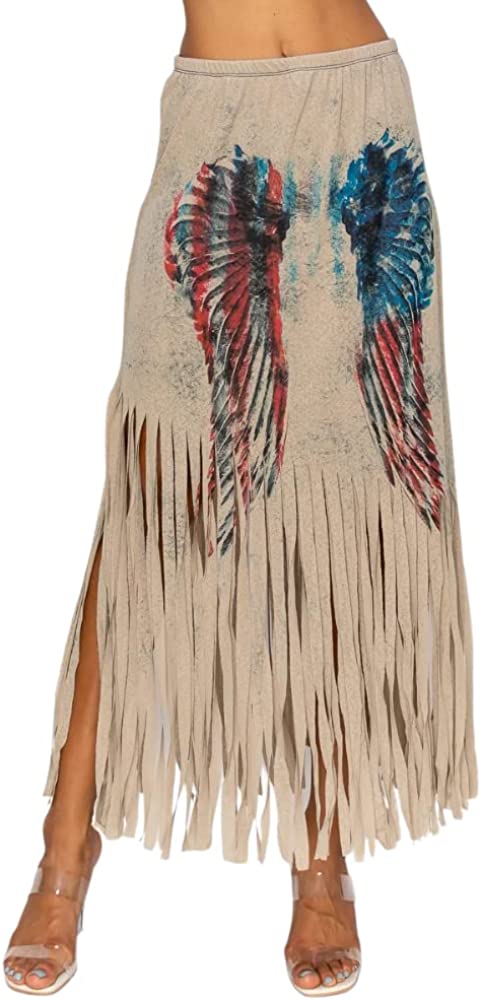 EUNANARA Women’s Asymmetrical Fringe Skirts – High Waisted Elastic Waist Printed Boho Stretch Casual Midi Skirt Made in USA