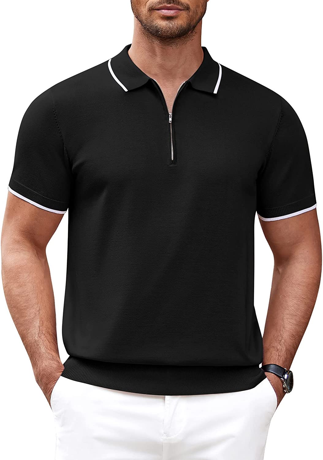 COOFANDY Men's Zipper Polo Shirt Casual Knit Short Sleeve Polo T Shirt Classic Fit Shirts