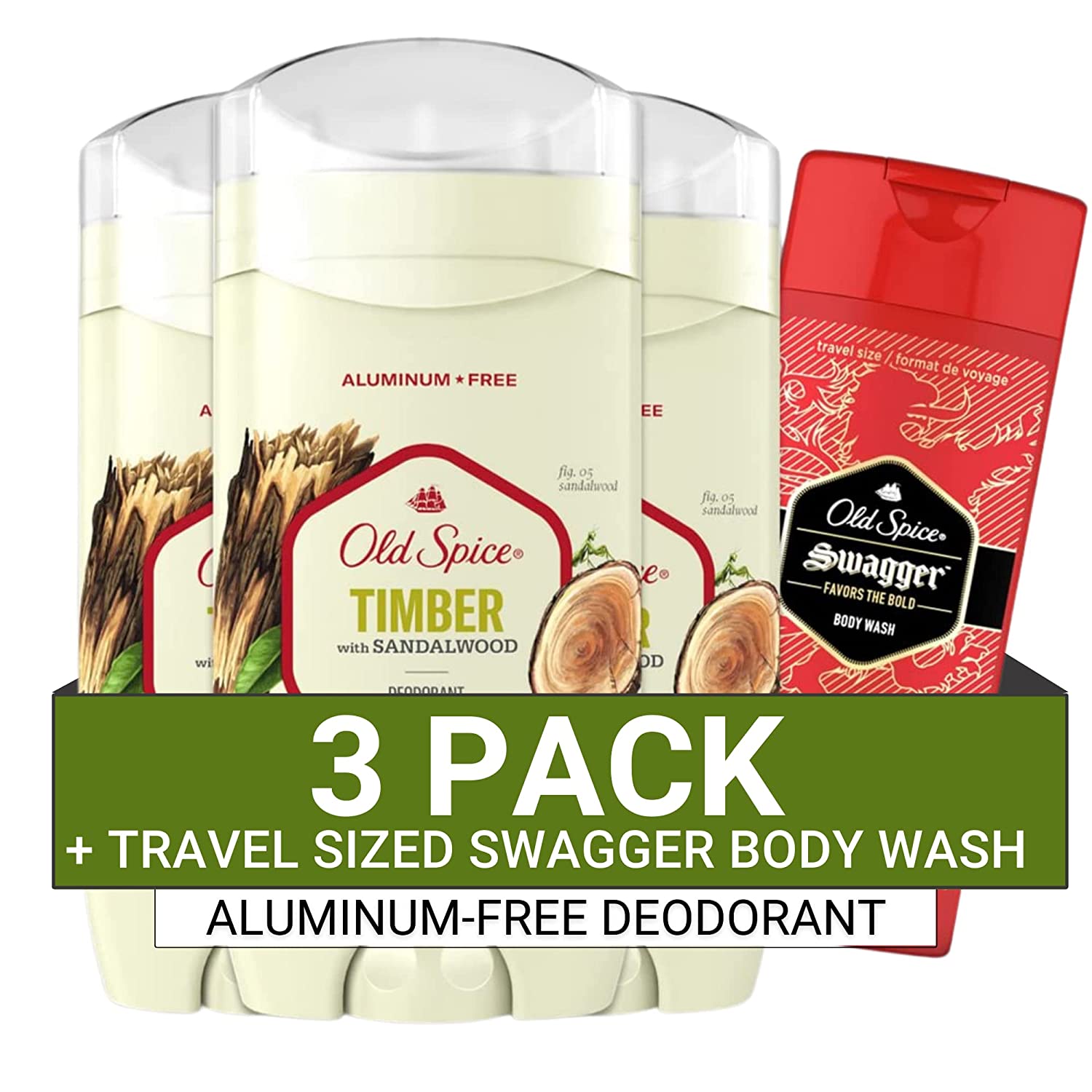 Old Spice Men's Deodorant Aluminum-Free Timber with Sandalwood, 3.0oz Pack of 3 with Travel-Size Swagger Body Wash