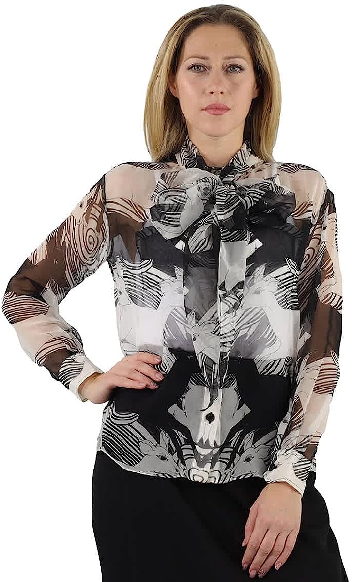 BURBERRY Ladies Monochrome Deer Print Silk Chiffon Pussy-Bow Blouse, Brand Size 10 (US Size 8)