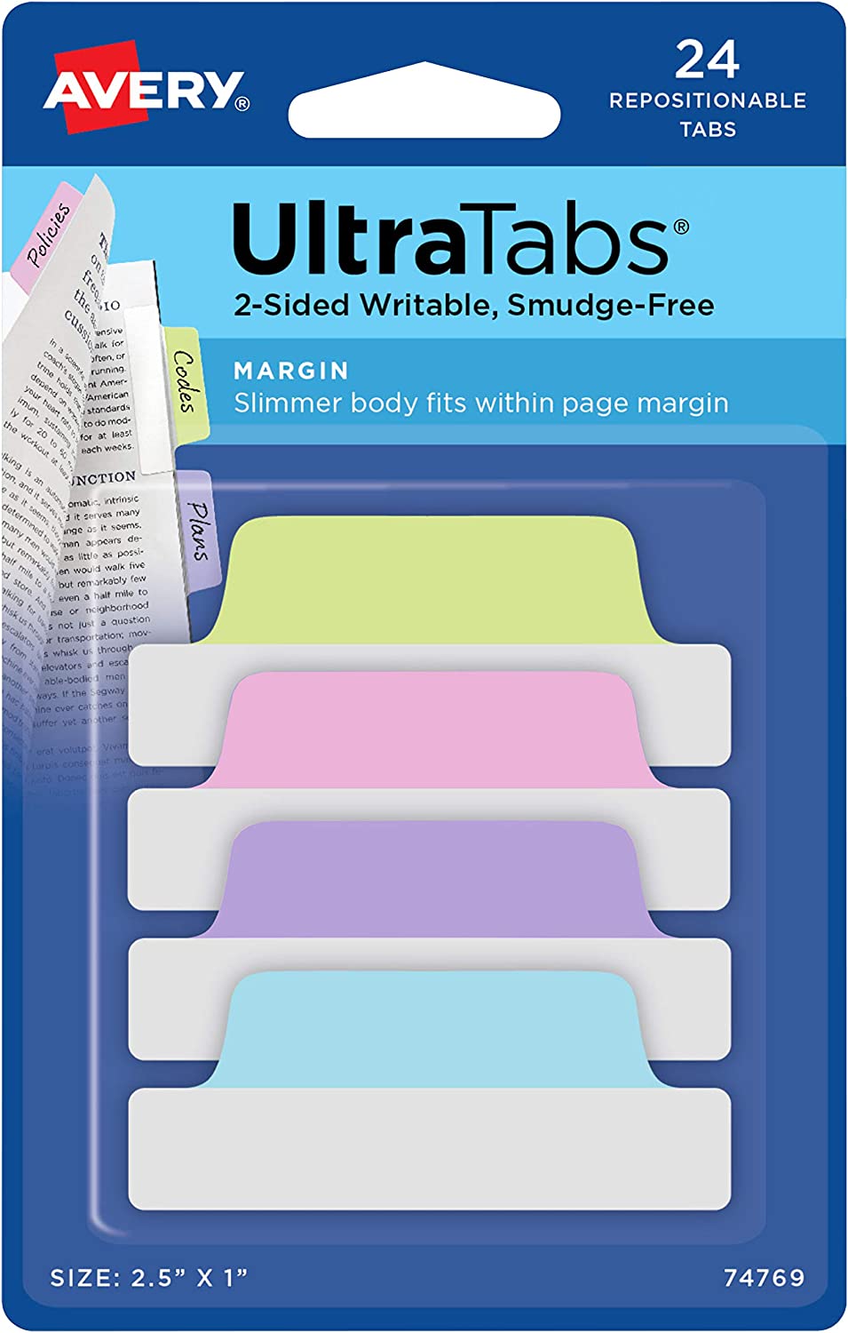 Avery 74769 Ultra Tabs, 2.5 x 1 Inch, 2-Side Writable, Pastel Blue/Pink/Purple/Green, 24 Repositionable Margin Tabs