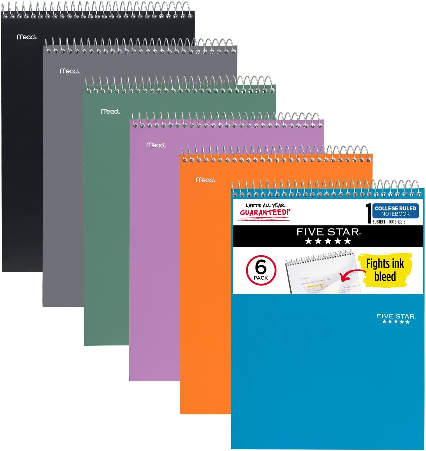 Five Star Top Bound Notebooks, 6 Pack, 1-Subject, College Ruled Paper, 11" x 8-1/2", 100 Sheets, Assorted Colors (73525)