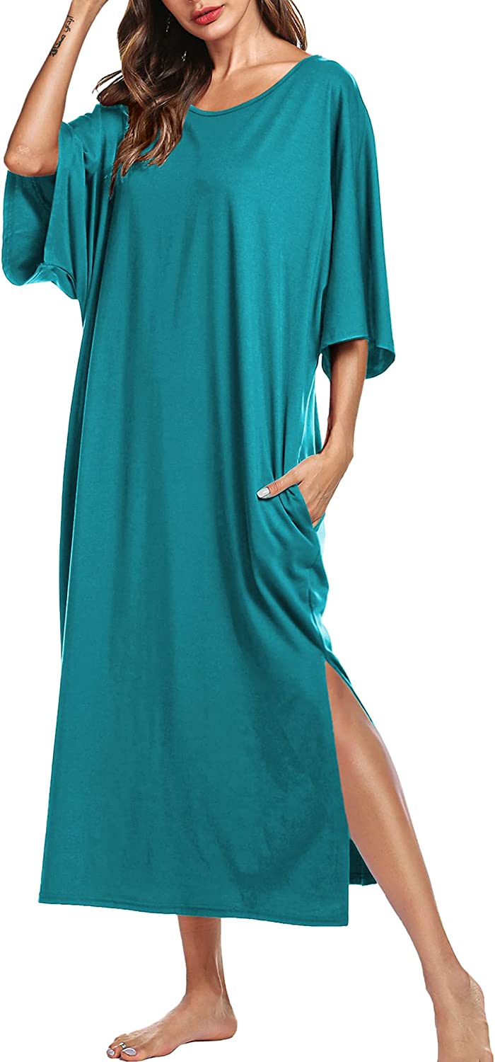 Ekouaer Nightgown, Womens Round Neck Loungewear Split Maxi Sleep Dress Casual Loose Caftan Long Night Shirt