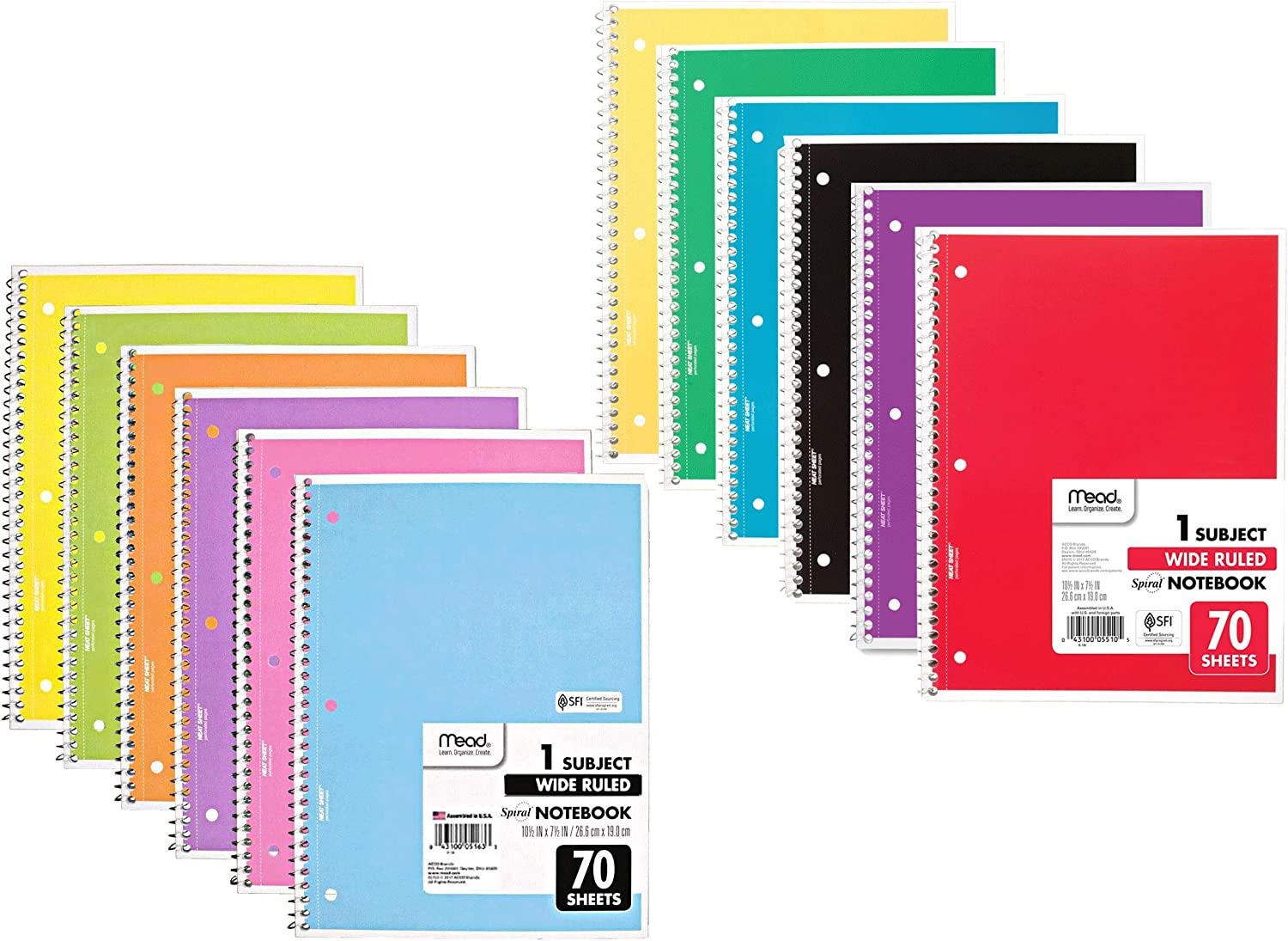 Mead Wide Ruled Spiral Notebooks, Bulk Pack of 12 Colors - 1-Subject Spiral Notebooks Wide Ruled - 70 Pages - Cute Single Subject Notebook Wide Ruled for Adult & Kids - School & Office Use.