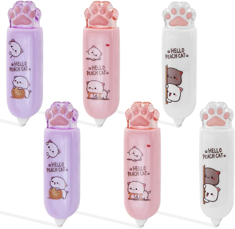 Geluode 6 Pack Cat Paw Shaped Correction Tape Cartoon Correction Tape Cute White Out Cute Cat School Supplies for Kids Student Writing Office School Stationery Supplies, 1/5in.x 19.7ft.(5mm x 6m)