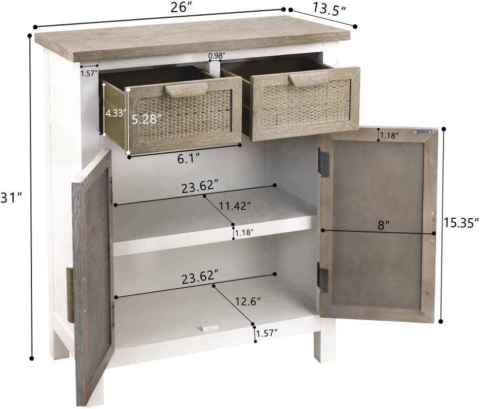 Nlur Rattan Storage Cabinet， Sideboard Cabinet Kitchen Buffet with 2 Drawers， 2 Doors， Entryway Console Cane Cabinet for Living Room， Bedroom or Office