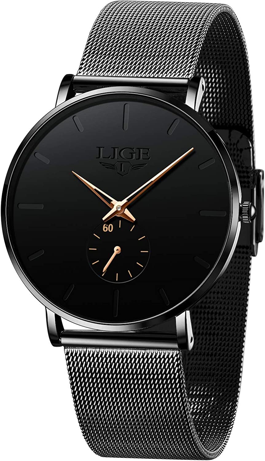 LIGE Mens Watches Ultra-Thin Analog Quartz Minimalist Stainless Steel Mesh Band Dress Watches for Men