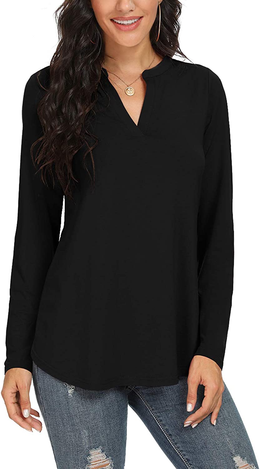 Neineiwu Women Casual Split V Neckline Loose Tunic Blouses Long Sleeve Tops