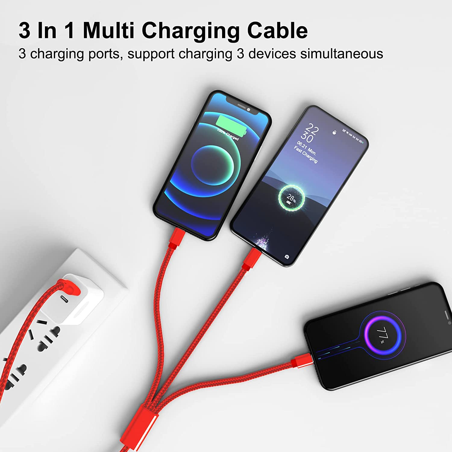 Multi Charging Cable, 4Pack/4FT 3 in 1 Fast Charging Cord Adapter with USB-C, Type C/Micro USB Port Connectors, Nylon Braided Universal Multiple USB Cable for Cell Phones, Android Devices - Red