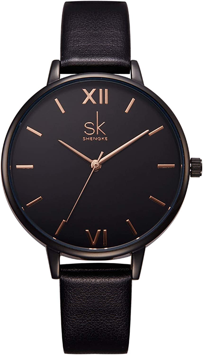 SHENGKE Watches for Women Wrist for Women Quartz Leather Strap Minimalist Formal Casual Women Watch Waterproof Black Ladies Watches with Gift Box