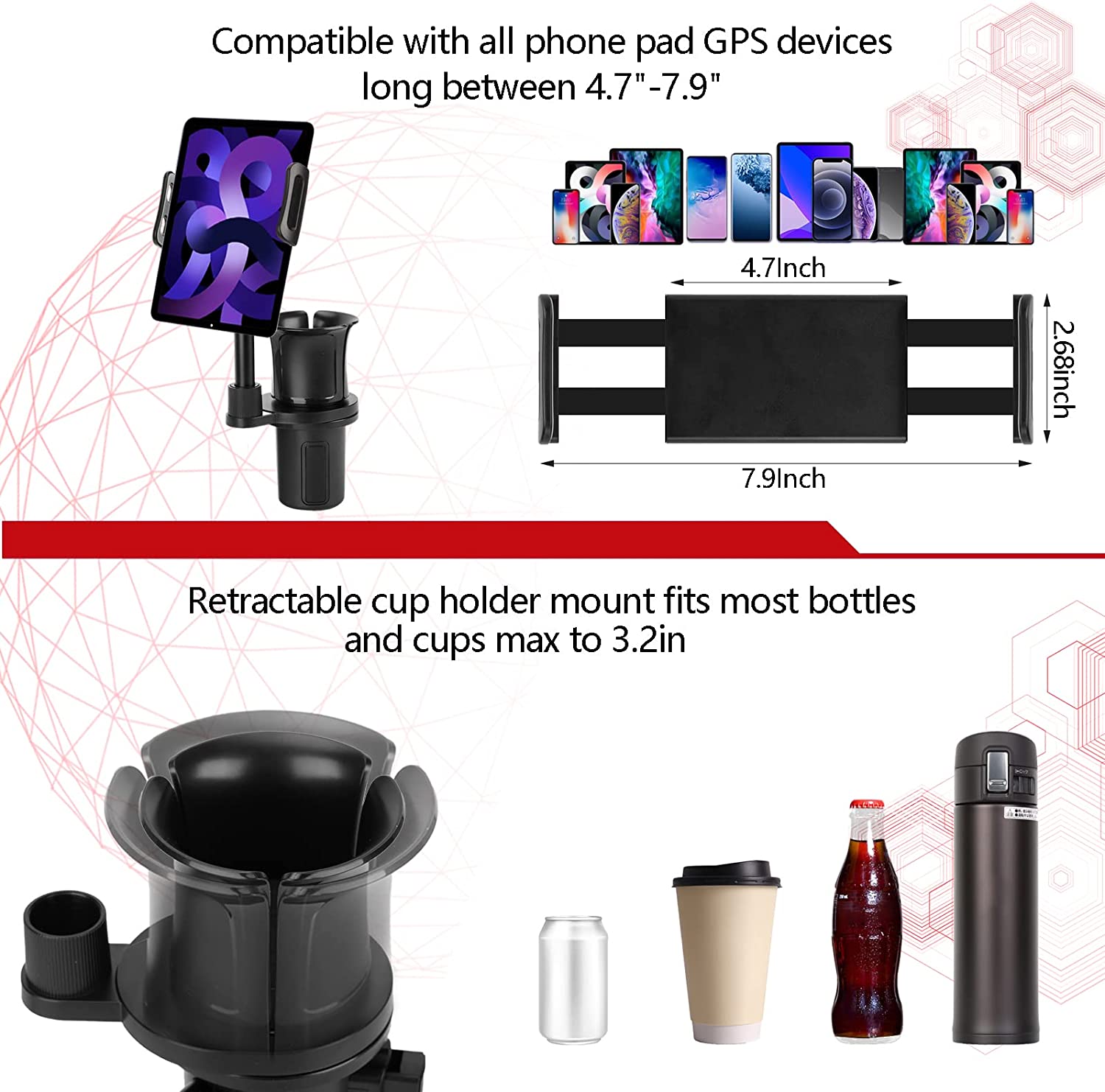 Cell Phone Seat Cup Holder, Car Cup Holder Phone Mount for Car with 360° Rotation Phone Mount and Adjustable Base, Fit Truck, SUV, Automobile Compatible with iPhone & Samsung and All Smartphones