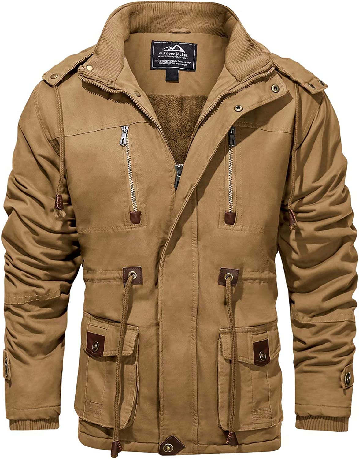 MAGCOMSEN Men's Winter Cargo Work Jacket Fleece Lined Thicken Military Jacket with Removable Hood