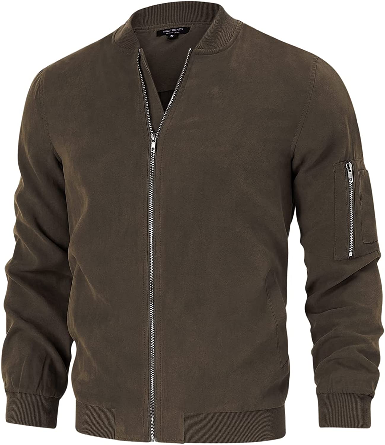 TURETRENDY Men's Suede Bomber Varsity Leather Jackets Lightweight Softshell Flight Full Zip Casual Coat