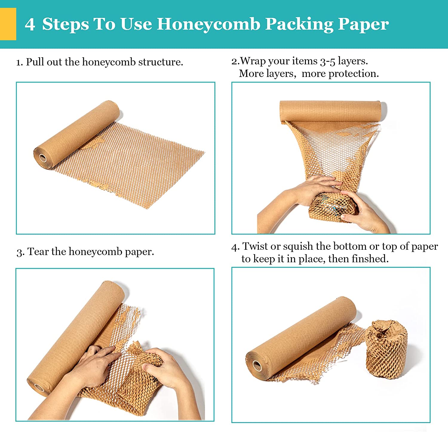 MCfleet 15"x135' Honeycomb Packing Paper Wrap Roll, Eco Friendly Packaging Material for Moving Shipping Gift Wrapping with 20 Fragile Stickers, Protective Recycled Cushion Wrap Suppliers Kraft Brown