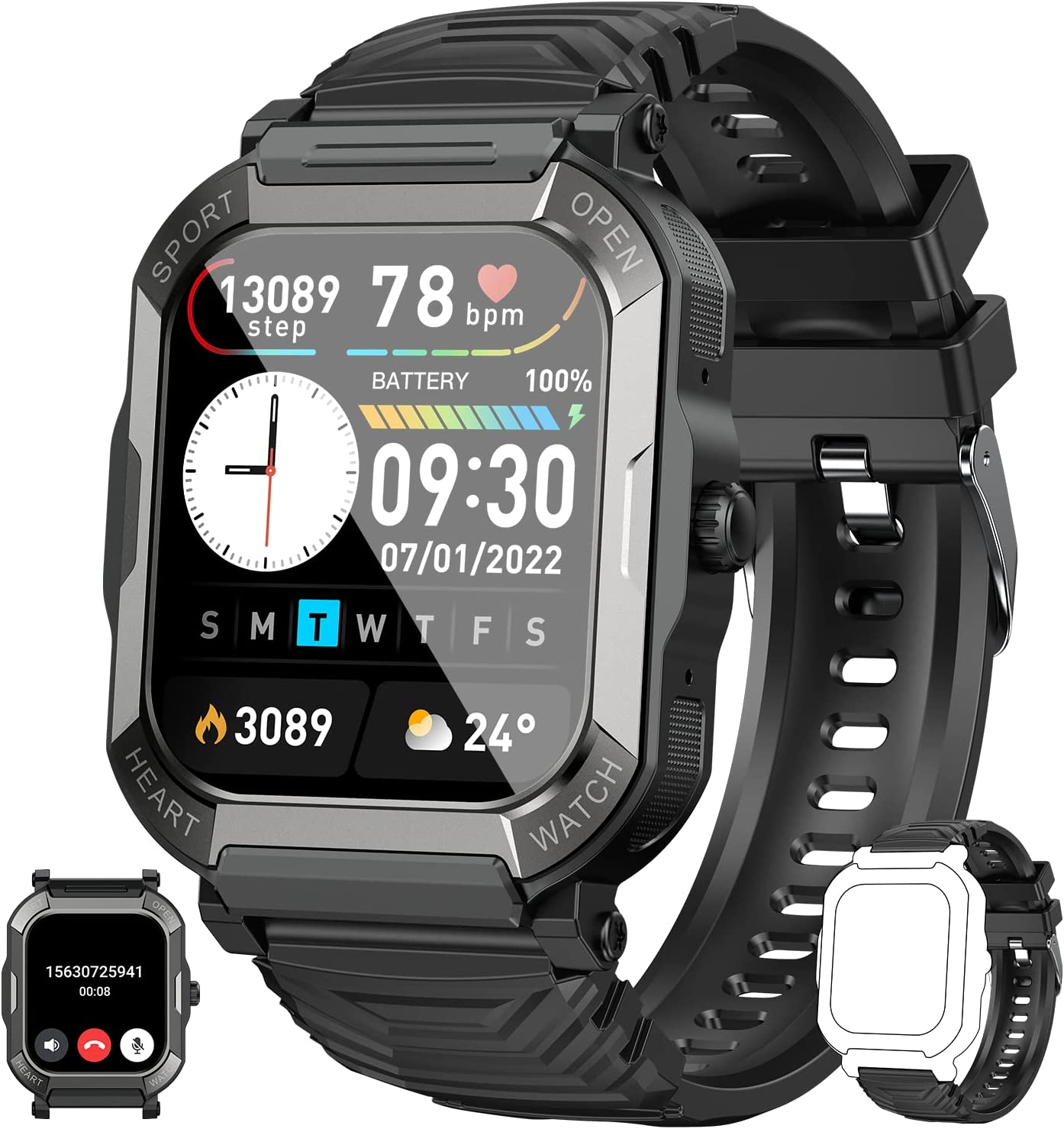Smart Watch for Men Fitness Tracker: (Make/Answer Call) Bluetooth Military Smartwatch for Android Phones iPhone Waterproof Outdoor Tactical Digital Sport Run Watches Blood Pressure Heart Rate Monitor