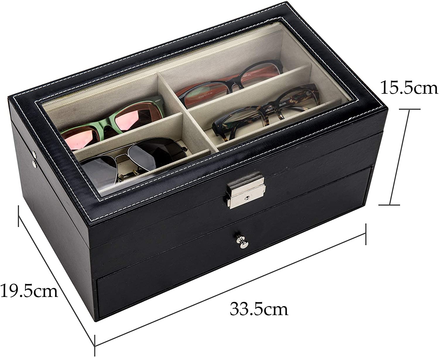 CO-Z Sunglasses Organizer for Women Men, Multiple Eyeglasses Eyewear Display Case, Leather Multi Sunglasses Jewelry Collection Holder with Drawer, Sunglass Glasses Storage Box with 12 Compartments