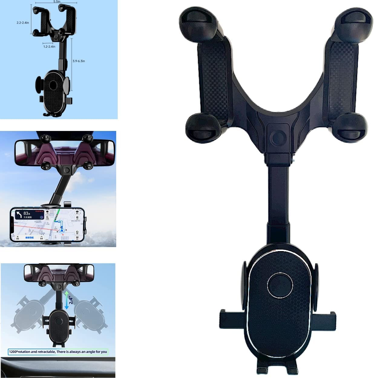 CJCTX Rear View Mirror Phone Holder for Car / 360° Rotatable and Retractable Car Phone Holder / 2022 Phone Mount for Car Like iPhone Samsung Smartphones