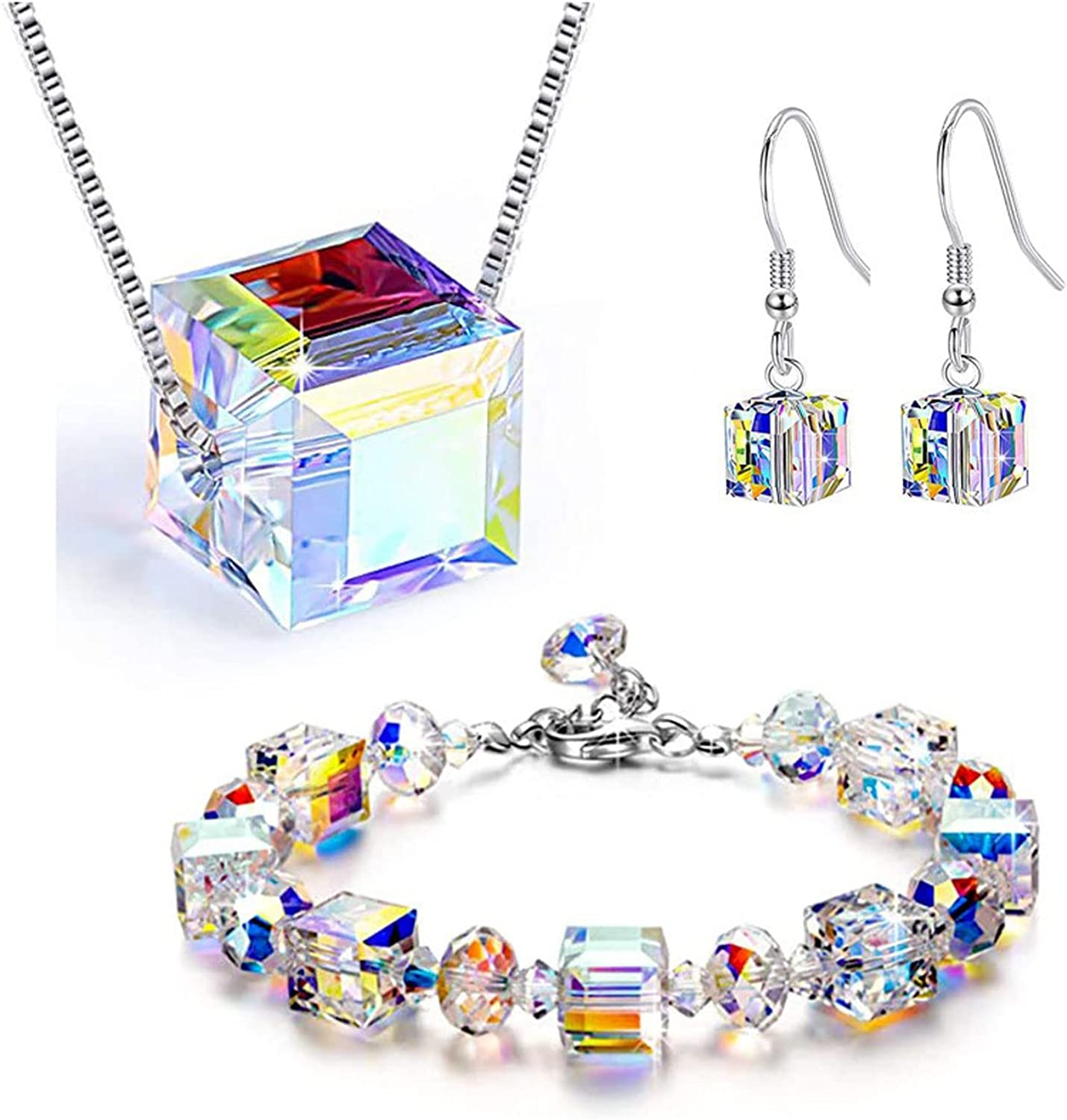 Txibikn 4 Pieces Fashion Colorful Starlight Crystal Rhinstone Pendent Necklace Earring Bracelet Jewelry Set for Women Lady Wedding Birthday Party Gift