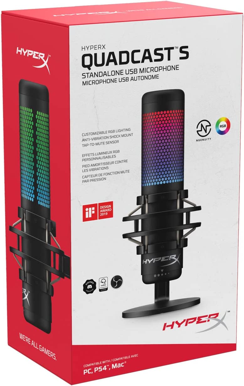 HyperX QuadCast S – RGB USB Condenser Microphone for PC, PS4, PS5 and Mac, Anti-Vibration Shock Mount, 4 Polar Patterns, Pop Filter, Gain Control, Gaming, Streaming, Podcasts, Twitch, YouTube, Discord