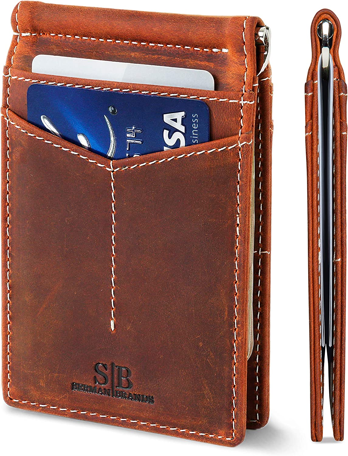 SERMAN BRANDS RFID Blocking Wallet Slim Bifold - Genuine Leather Minimalist Front Pocket Wallets for Men with Money Clip Gift