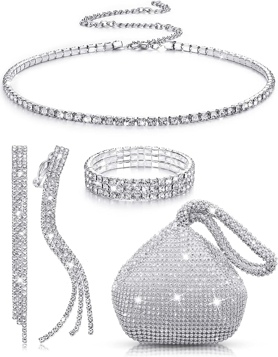 MTLEE Women Clutch Purse Rhinestone Jewelry Set 4 Pieces Rhinestone Ear Clip Bridal Wedding Choker Bracelet Dangle Ear Clip Triangle Bling Glitter Purse for Party