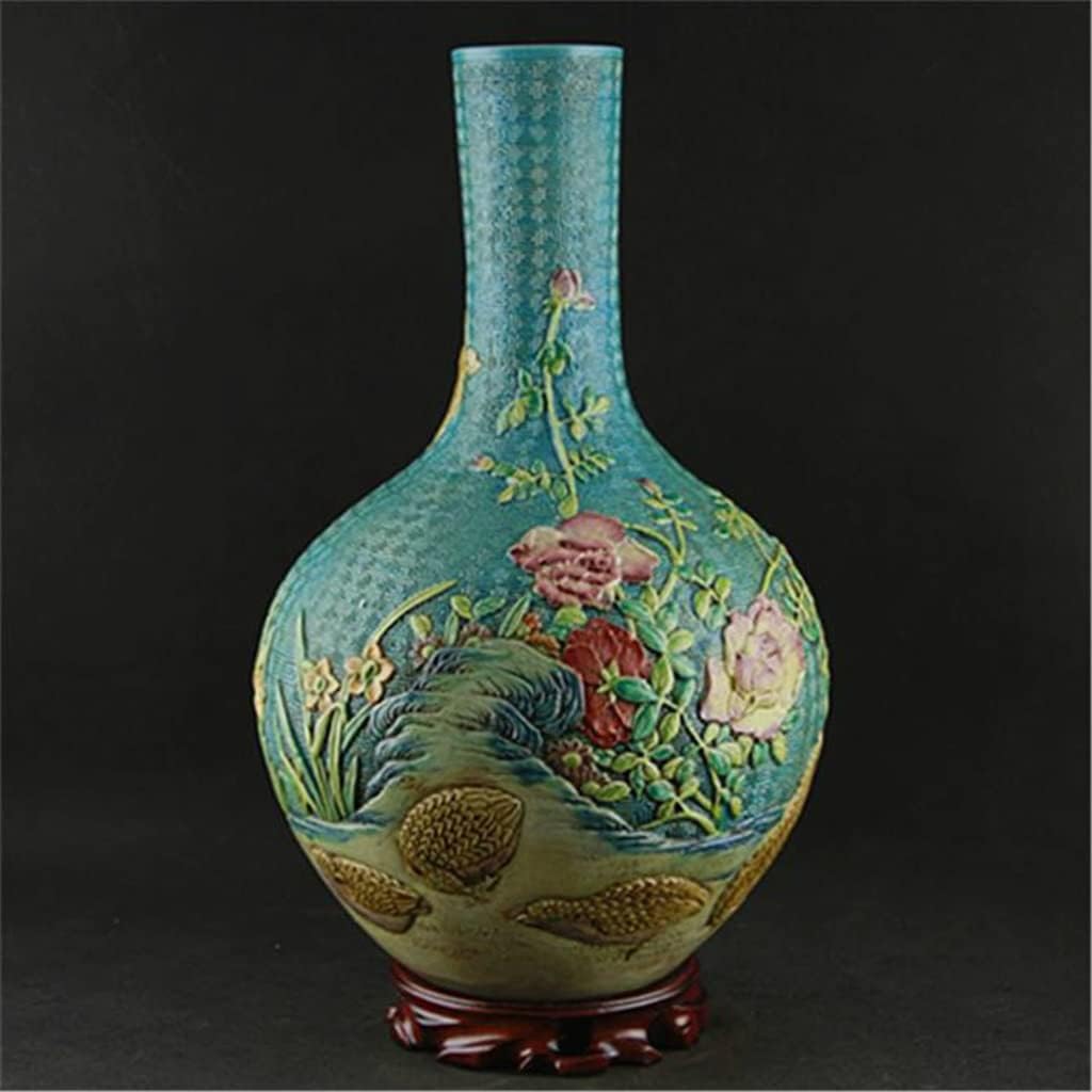ZHYH Classic Green Ceramic Vase Embossment Antique Porcelain Flower Vase for Decoration