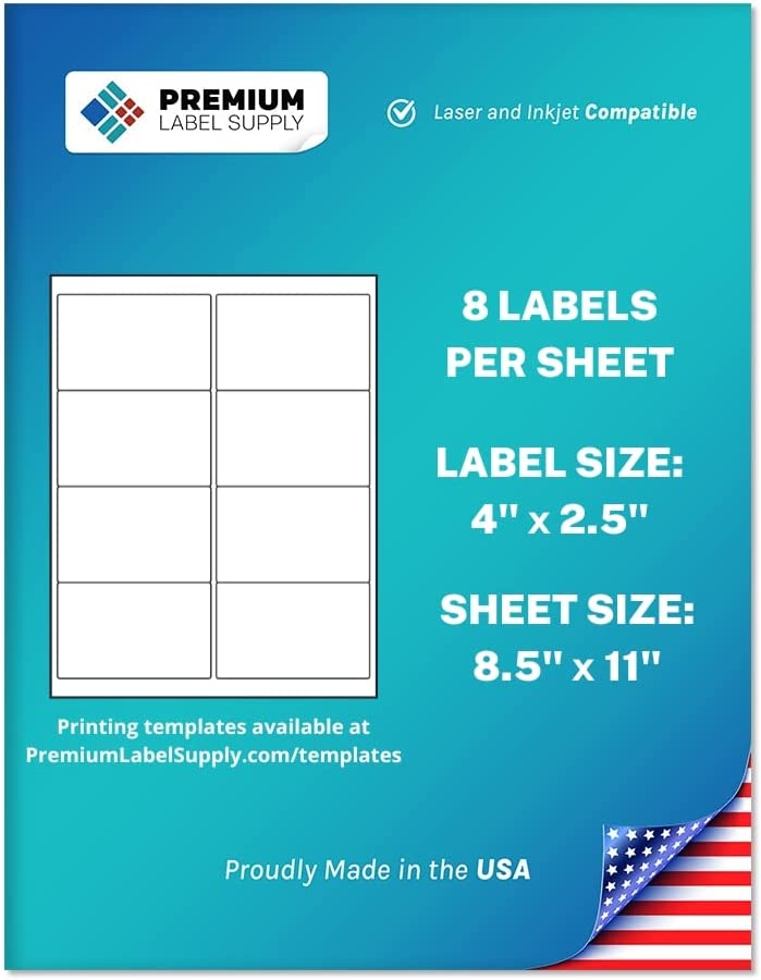 Premium Label Supply White Sticker Shipping / Mailing Labels – 4” x 2.5" – Laser/Inkjet Compatible – (8 Labels/Sheet), 25 Sheets – 200 Total Adhesive Labels