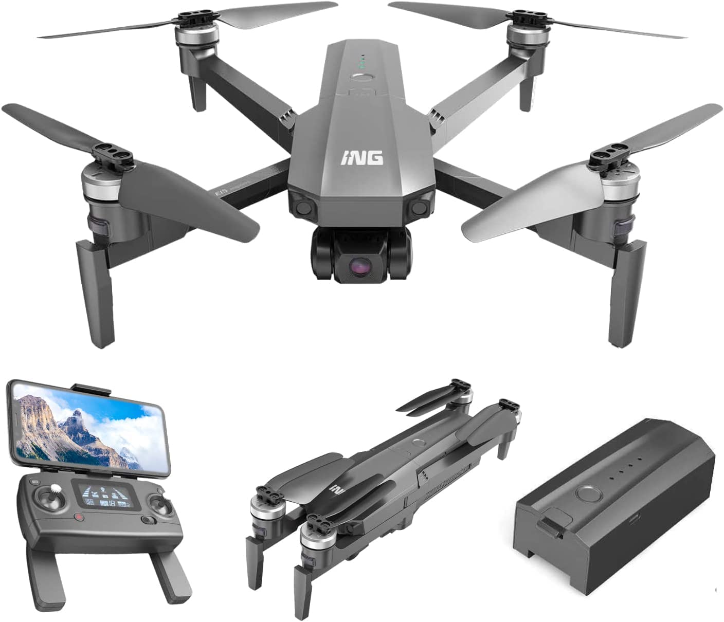 Beantech ING Speedbird I63E Drone with 4K UHD Camera with EIS, GPS, 3-Axis Gimbal, 25 mph and 25 min. Flight Time, Level 4 Wind Resistance, Gray