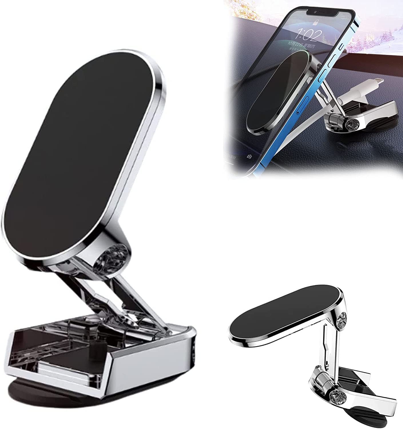 CHUANGJIA 2023 New Alloy Folding Magnetic Car Phone Holder,Magnetic 360° Car Phone Holder Stand Dashboard Folding Bracket,Multifunctional Magnetic Mobile Phone Bracket