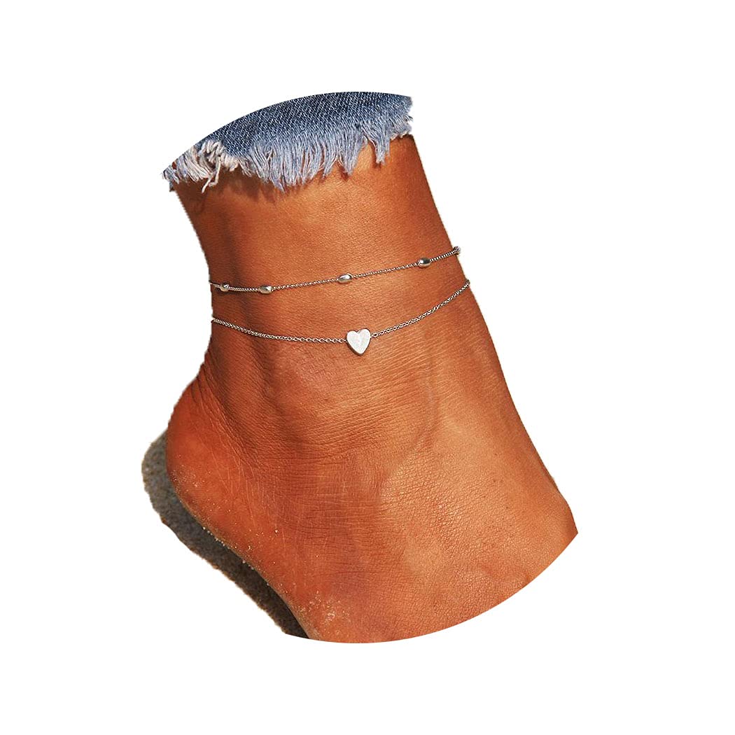 Artmiss Layered Anklets Women Heart Silver Ankle Bracelet Charm Beaded Dainty Foot Jewelry for Women and Teen Girls Summer Barefoot Beach Anklet