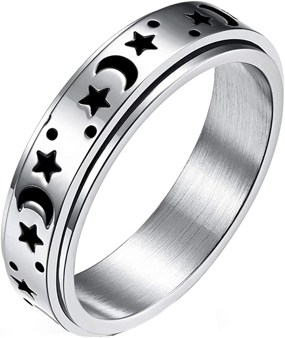 nylry Titanium Stainless Steel Spinner Rings Moon and Star Fidget Ring Stress Relieving Anxiety Ring Engagement Wedding Promise Band for Women Men Size 5-12