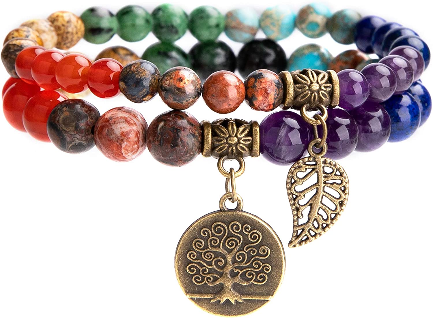 Bivei Natural Semi Precious Gemstone Beads Bracelet for Women - Tree of Life and Leaf Charm Energy Healing Reiki Crystal Stretch Bracelets