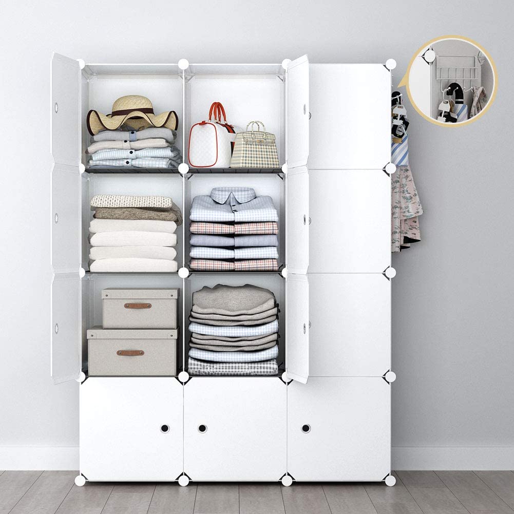 YOZO Cube Storage Organzier Portable Closet Wardrobe Bedroom Dresser (42x14x56 inches) Portable Closet Cube Shelf Armoire Pantry Cabinet， 12 Cubes， White