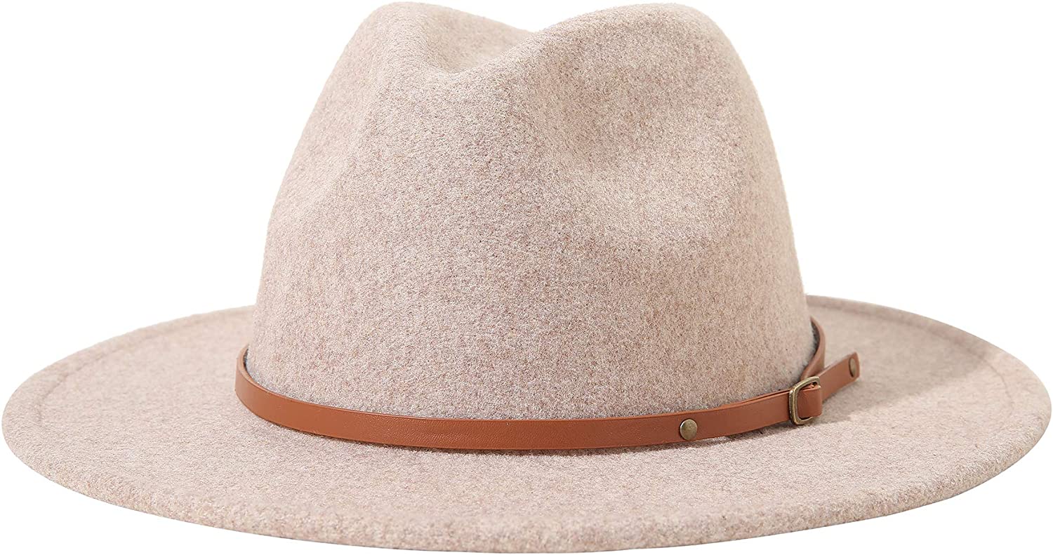 Lanzom Women Lady Classic Wool Fedora Hat with Belt Buckle Felt Wide Brim Panama Hat