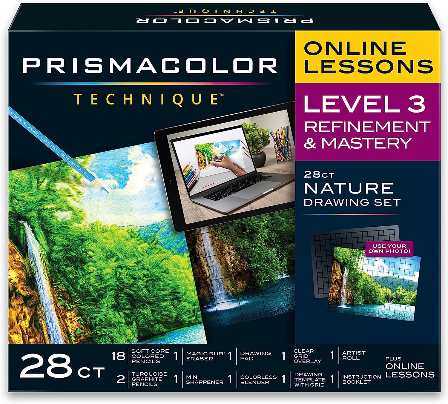 Prismacolor Technique, Art Supplies and Digital Art Lessons, Nature Drawing Set, Level 3, Learn to Draw with Colored Pencils, and More, Includes Artist Roll Case, Waterfall Landscape Drawing, 28 Count