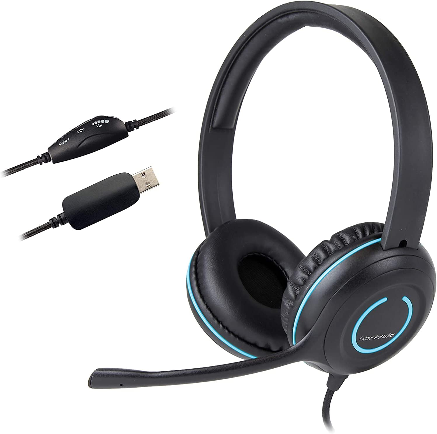 Cyber Acoustics Stereo USB Headset (AC-5008A)， in-line Controls for Volume &amp; Mic Mute， Adjustable Mic Boom for PC &amp; Mac， Perfect for Classroom or Home