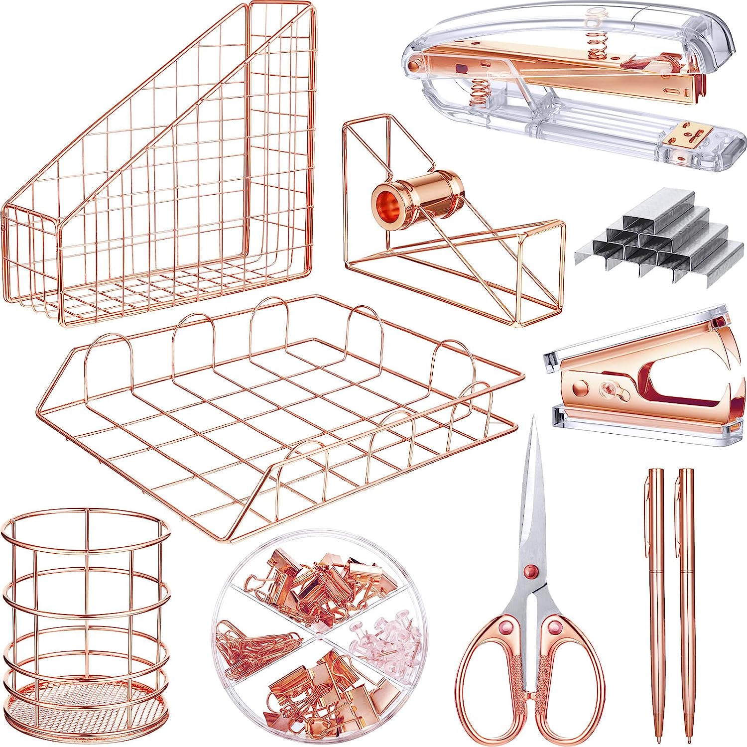 Rose Gold Desk Accessories Office Supplies Set, File Holder, Magazine File Organizer, Pen Holder, Stapler, Staple Remover, Staples, Tape Dispenser, Ballpoint Pen, Scissor, Binder Clips for Office
